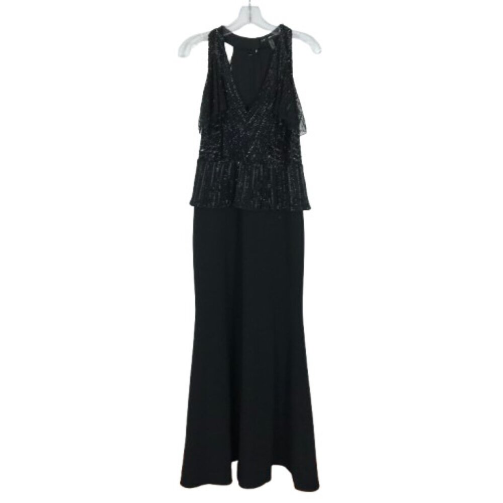 NWT Aidan Mattox Womens Size 6 Black Beaded V-neck Maxi Dress Gown NEW